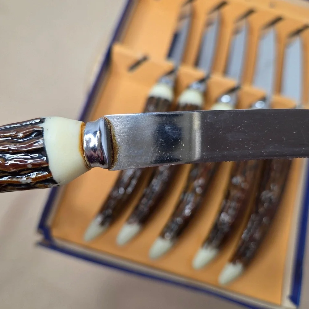 Vintage Faux Antler Handle Steak Knives Set of 6 in partial Original‎ Box